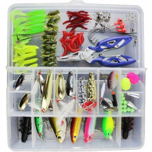 Kit de acessórios de pesca com 120 peças para pesca em água doce, incluindo iscas de superfície, iscas artificiais, iscas rígidas e iscas macias.