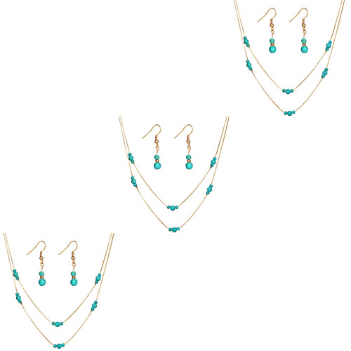 3Ud Collar Multicapa Dorado Con Pendientes Turquesa Para Decoración 2