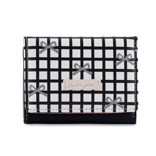 Fashion Short PU Wallet Striped Pattern Decorative Bows-Black