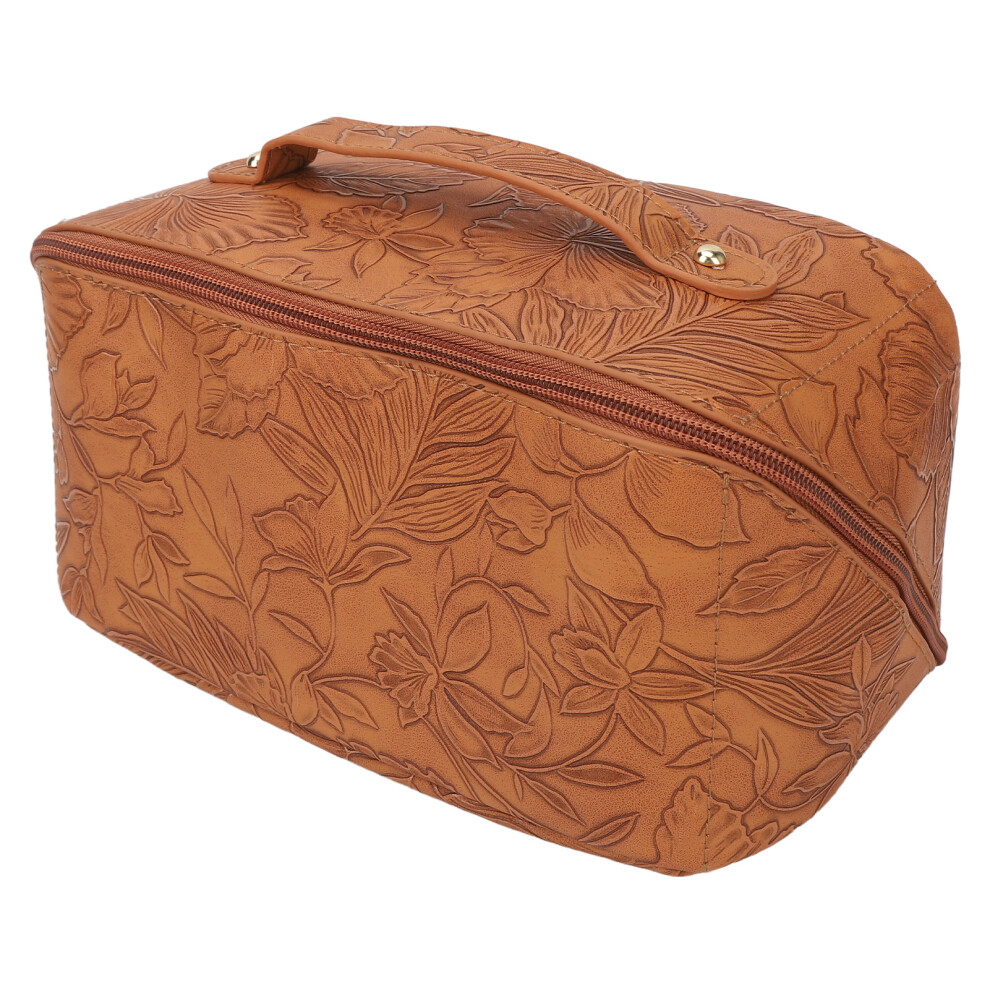 Large Capacity PU Leather Makeup Bag - Caramel, Portable Toiletry Organizer