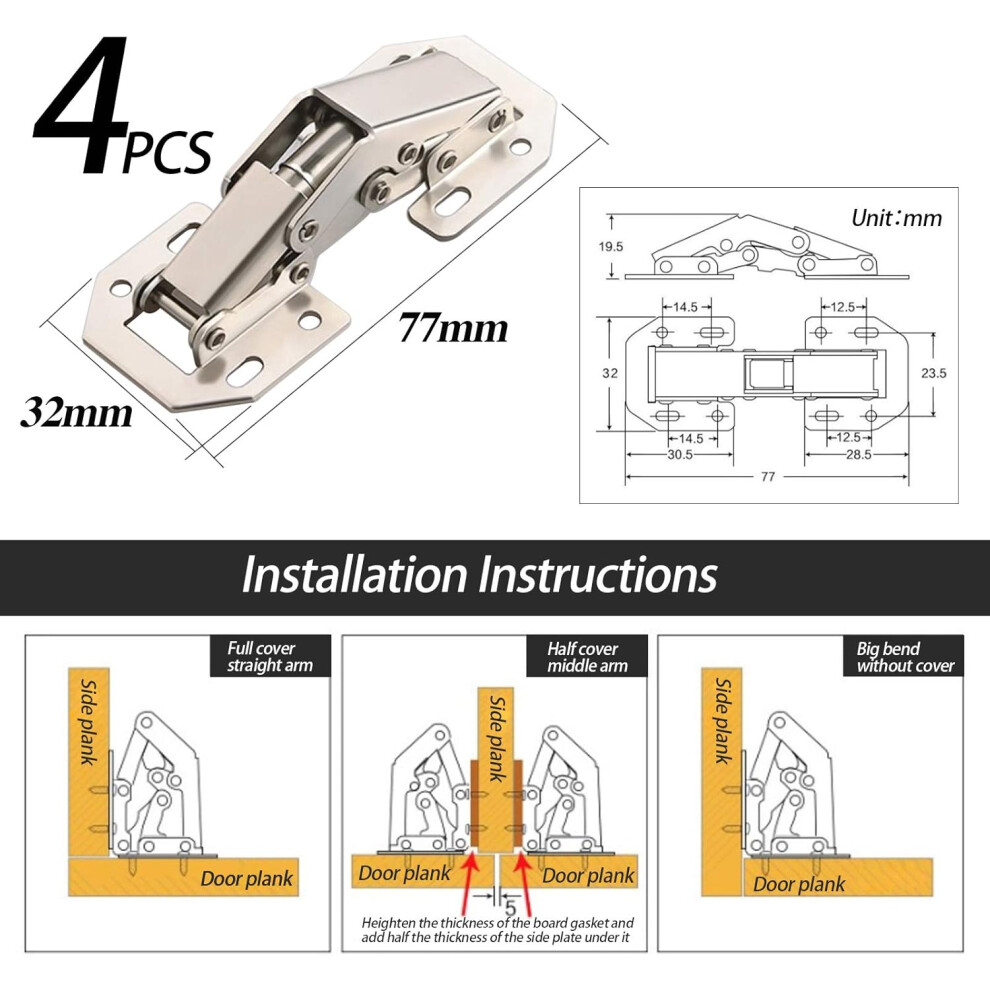 Non-Mortise Concealed Hinge For Frameless Cabinet, Self Close Cold Rolled Steel Satin Nickel Finish Hidden Hinges, 4Pcs 9169997209030