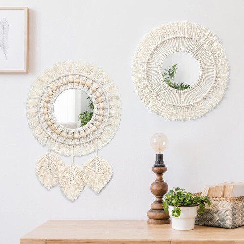 Χειροποίητος καθρέφτης Boho, κρεμαστό τοίχου μακραμέ με μποέμικο κομψό σχεδιασμό 2