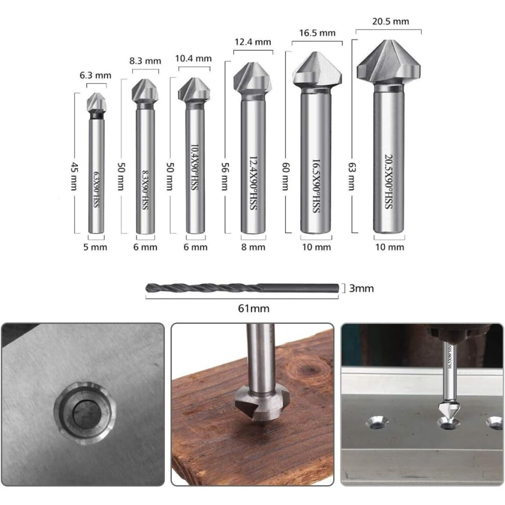 Countersink Drill Bit Set For Metal Wood Drilling, 3 Flute 90 Degree Hss Chamfering Tool With Titanium Hss Coating, Deburring Chamfering Bit For 9169997210739