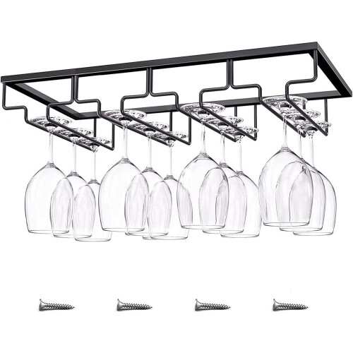 Elegant Wine Glasses Rack, High-Quality Iron Under Cabinet Stemware Rack for Space-Saving Kitchen Storage (Black)