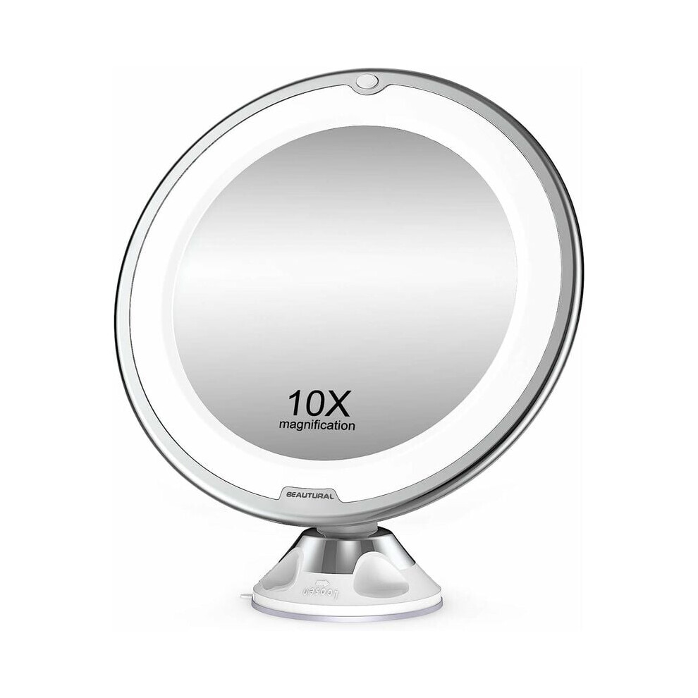Rechargeable 10X Magnifying Mirror for Eyebrow Tweezing, Super Strong Adhesion, Lighted Vanity, Lockable Suction Cup, Portable Travel