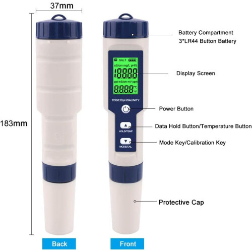 High Accuracy pH Meter, 5 in 1 Digital Tester for Water Quality Control, Includes LCD Backlit Display & Automatic Calibration, Perfect for 1