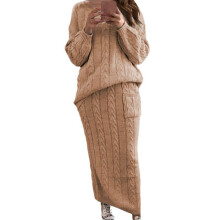 Women's Chunky Cable Knit 2 Piece Outfit, Long Sleeve Pullover Sweater and High Waist Bodycon Maxi Skirt Set, Casual Sweater Set with Turtleneck