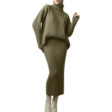 Dames tweedelige bodycon outfit, gebreide trui met lange mouwen en ribbels, rok met hoge taille en elastische tailleband, coltrui met verlaagde