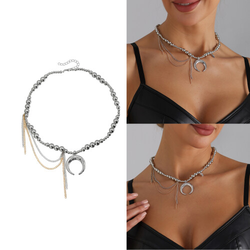 Adjustable Layering Bead Chain Crescent Pendant Necklace 1