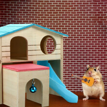 Casinha de madeira para hamster com escada para escalada, design de luxo de dois níveis que estimula o instinto de nidificação e roer, totalmente