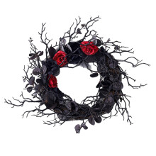Halloween-Kranz aus schwarzen Zweigen, verstellbare Zweige für individuelle Dekoration, rot-schwarze Rosenverzierungen für einen Hauch von