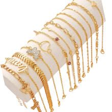 Pack of 13 Fashionable Crystals Bohemian Anklets-Gold-color