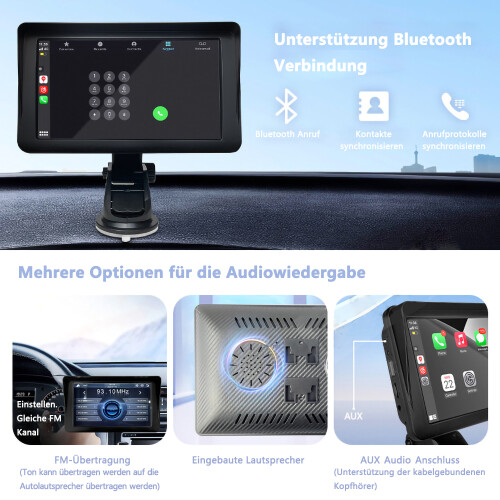 CarPlay sem fio e Android Auto com tela sensível ao toque de 7 polegadas, rádio automotivo com transmissor FM Bluetooth, fácil instalação e 1