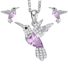 Delicate Bird Motifs Necklace Earring Set With Shimmering-Pink
