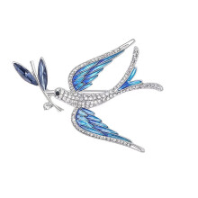 Vintage Enamel Swallow Bird Branch Brooch Zinc Alloy-Blue