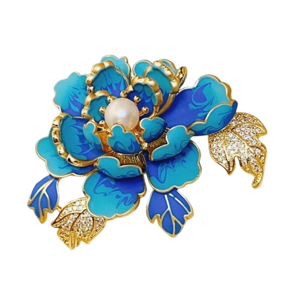 Blue Pearls Accented Floral Brooch Pin With Rhinestones Stylish