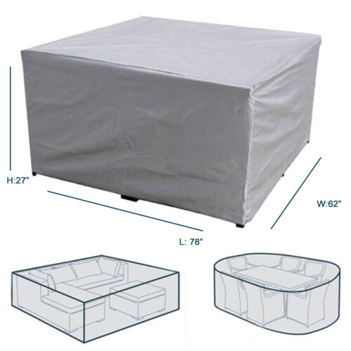 Capa retangular para pátio com bolsa de armazenamento inclusa. Tecido 210D impermeável e com proteção UV para mesa e cadeiras externas. Design 1