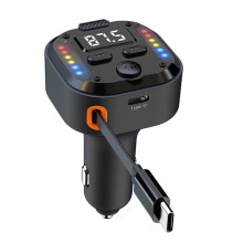 5.3 FM Transmitter with Dual Type-C PD30W & QC3.0 Fast Charging Handsfree Retractable Cable for Phones