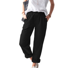 Pantaloni cropped traspiranti in misto lino da donna, comodi capri a gamba larga da indossare, pantaloni casual a vita elasticizzata dalla