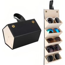 Sunglasses Organizer with Hard Shell Design, Foldable and Portable Eyewear Storage Case with 5 Compartments, Hanging Eyewear Holder for Travel