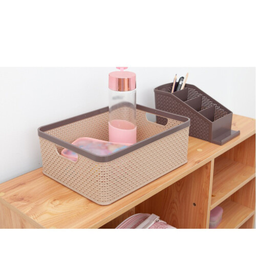 Plastic Storage Basket for Home Organization, Weave Storage Organizer with Sturdy Plastic Body and Wicker Design, Stackable Design Space-Saving 2