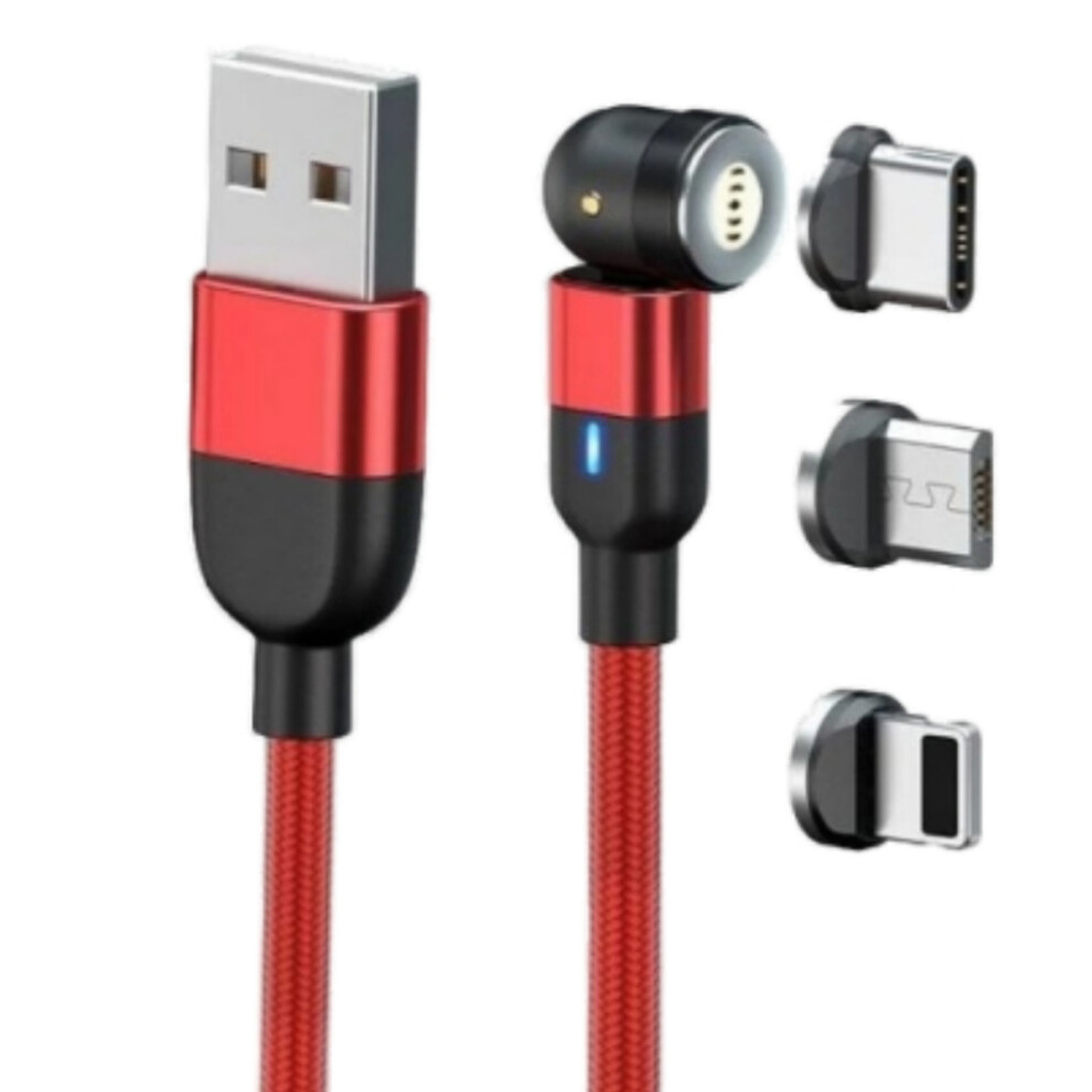 Smart Magnetic Charging Cable, Fast Charge & Data Sync For Wide Range Devices, Durable Nylon-Braided Cord, 360 & 180 Rotation, Red 9433291682883