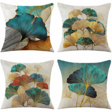 Sofa Pillow Case, Ginkgo Leaf Pattern Digital Printing Technology, Linen Fabric Decorative Pillow for Living Room Bed (18x18 Inch)