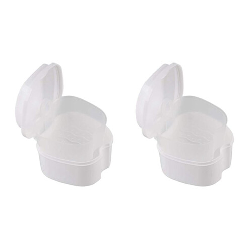 2X White Denture Case, Denture Cup with Strainer, Denture Bath Box False Teeth Storage Box with Basket Net Holder