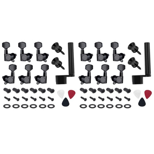 12 Pieces Guitar String Tuning Pegs Keys 6 Left 6 Right Guitar Machine Heads Knobs with Strap Button Locks Picks (Black) 1