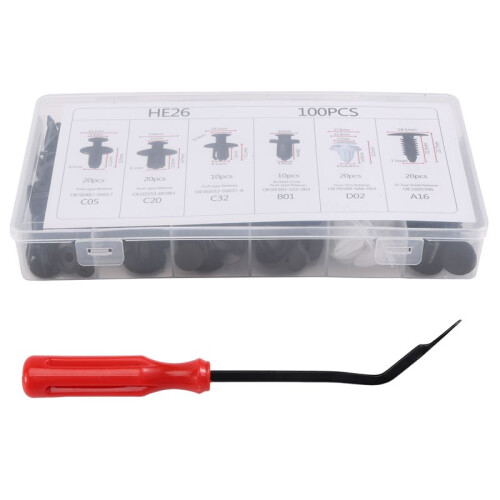 100Pc Plastic Rivets Fastener  Bumper Push Clips W / Removal Tool for