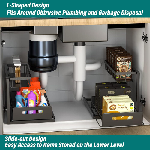 Pull Out Cabinet Organizer, L Shaped Design for Optimal Under Sink Storage, Multi-purpose Organizer with Sliding Storage Drawer, Easy Installation, 1