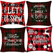 Throw Pillow Covers, Snowflake Patterns Farmhouse Style for Christmas Decor, Machine Washable Linen Fabric with Hidden Zipper, Set of 4, 45 X 45 Cm