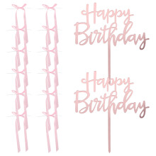 2Conjuntos Decoração Rosa Para Bolo Com Topper Happy Birthday
