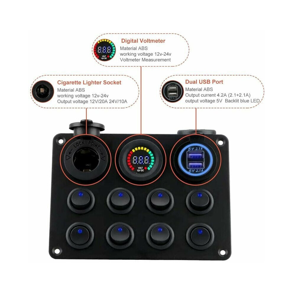 Rocker Switch Panel With Dual Usb Charger, 8 Gang Toggle Switch Multi-Functions Panel With Led Voltmeter, Waterproof Marine Switch Panel For 12-24V 9169997244543