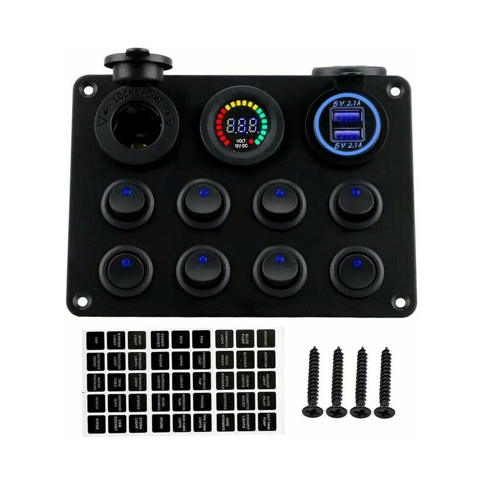 Switch Panel With Led Voltmeter, Dual Usb Charger 8 Gang Toggle Switch Panel With 12V Power Outlet, Waterproof Multi-Functions Panel For Marine Boat 9358999453729