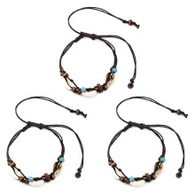 3X Boho Natural Sea Shell Stone Anklets for Women Wood Bead Seashell Ankle Bracelet Leg Foot Chain Wax Rope Anklet