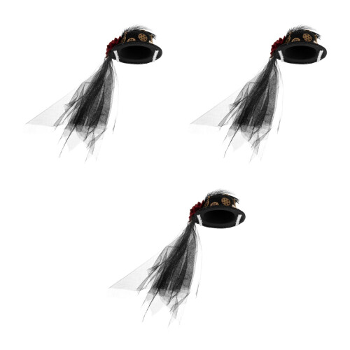 3Stk Damen Mini Top Hat Mit Roter Rose Schwarzem Schleier 2