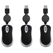 3X USB Wired Mouse Retractable Cable Tiny Small Mouse 1600 DPI Travel Mice for Windows 98 2000 XP Vista Ve (Black)