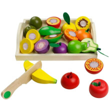 Skärmfritt kul med skärande fruktset, trälekmatset för kreativ rolllek, hållbart naturligt trä för tidig utveckling (pedagogisk leksak)