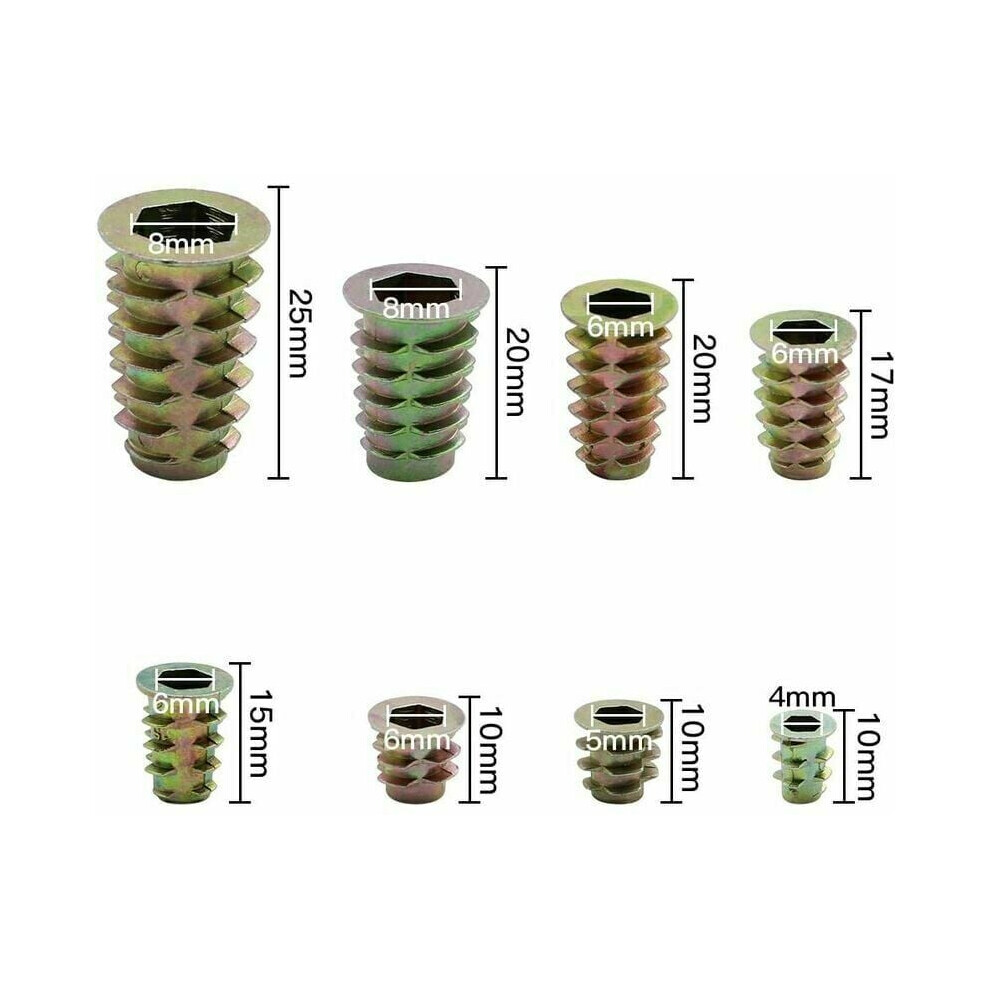 Hex Socket Drive Threaded Inserts, Furniture Screw In Nut Tool Kit For Soft Woods, Corrosion Resistant Zinc Alloy Wood Insert Assortment, Reinforced 9169997249104