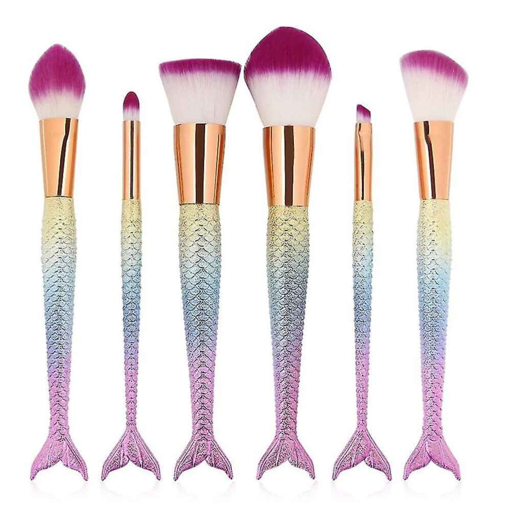 Mermaid Fishtail Makeup Brushes for Eye Makeup Application, 6 Pieces Set with Gradient Fish Scale Handles, Sensitive Skin Friendly