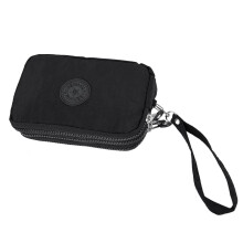 Women Small Wallet Washer Wrinkle Fabric Phone Purse Three Zippers Portable Make bag Black