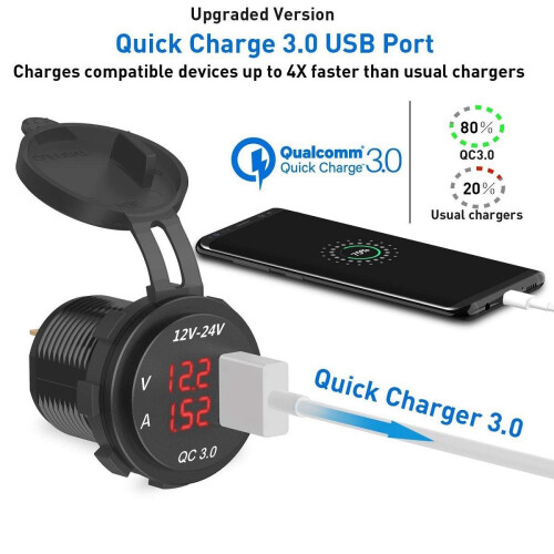 12V / 24V Fast Charging 3.0 Car Cigarette Lighter Socket Usb Charger Led Voltmeter Ammeter Black & 1