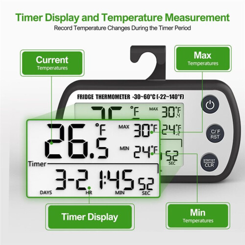 Digital Refrigerator Thermometer 2 Pack,Waterproof Fridge Thermometer, Max/Min Record Function,Timer Function Black 2