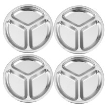 4X Stainless Steel 3 Sections Round Divided Dish Snack Dinner Plate Diameter 24cm