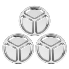 3X Stainless Steel 3 Sections Round Divided Dish Snack Dinner Plate Diameter 24cm