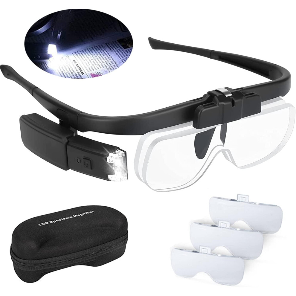 Hands-Free Magnifier for Tailoring & Electronics, LED Lighted Headband Magnifying Glass, USB Rechargeable Battery, 3 Replaceable Lenses (1.5X,