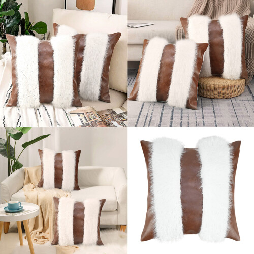 Warm Embraces PU Leather Splicing Plush Pillow Cover Soft 1
