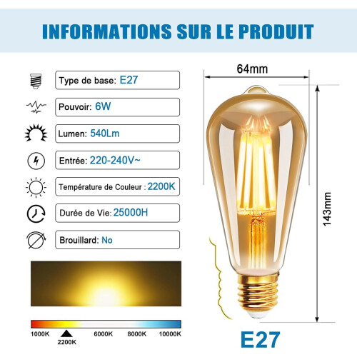 Λαμπτήρας LED E27St64Filament με ομαλή ρύθμιση έντασης, εξοικονόμησης ενέργειας 2200K, 1