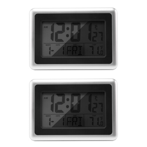 2X Digital Wall Clock, Large Lcd Display, Battery Operated, Indoor Temperature, Without Back Light (Silver)